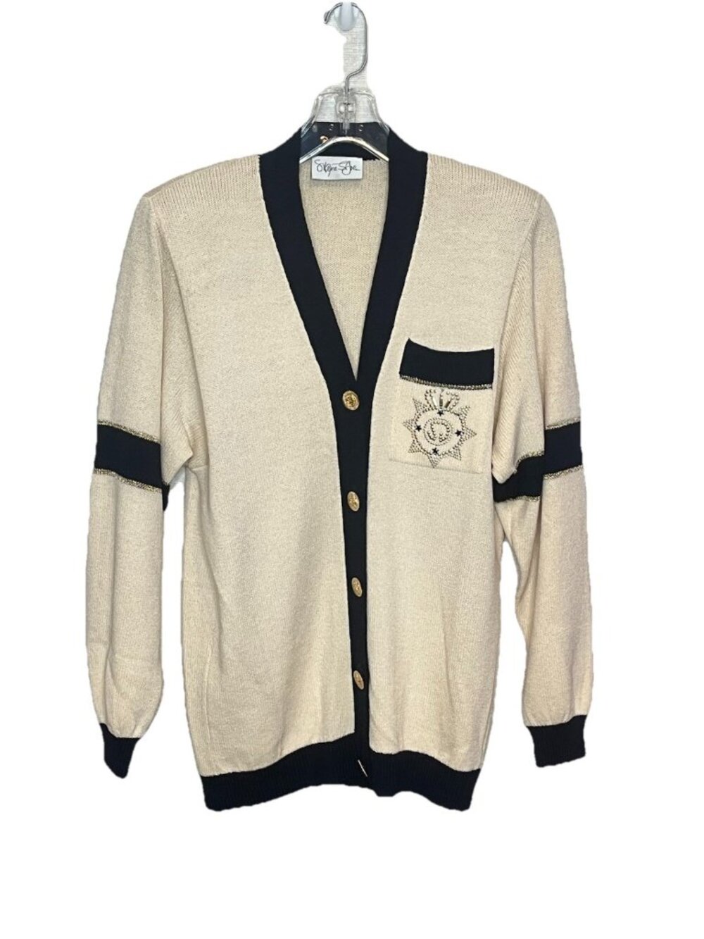 Vintage St John Santana Knit Cardigan Sweater S Cream Navy Gold Beaded USA